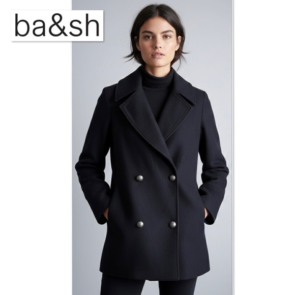 ba&sh Skimma Wool Blend Double Breasted Peacoat Jacket Navy 0 XS Oversized Boxy - Picture 2 of 16
